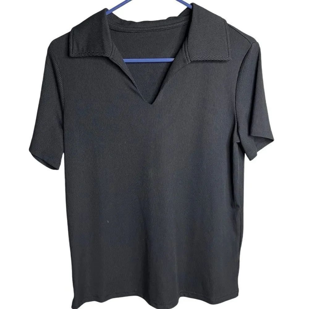 Stretchy Ribbed Collared Short Sleeve Top Black Size Large